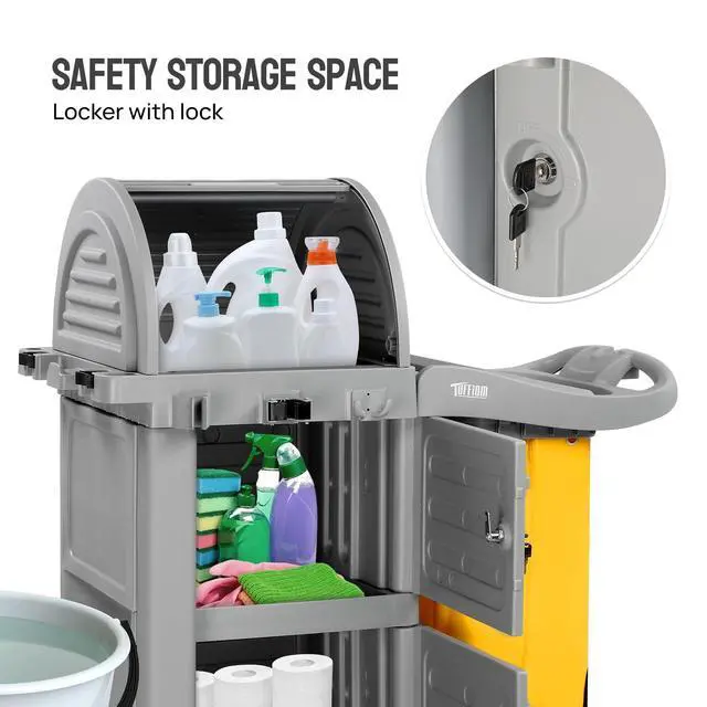 Alt view image 5 of 6 - Janitorial Cart on Wheels, 3 Shelf Commercial Cleaning Cart with Key Locking-Cabinet, Grey Housekeeping Cart with Locker and Cleaning Bag, for Hotel, Business, Office, Stadium Use