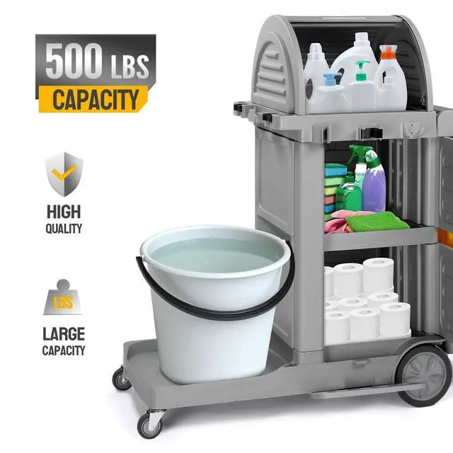 Alt view image 6 of 6 - Janitorial Cart on Wheels, 3 Shelf Commercial Cleaning Cart with Key Locking-Cabinet, Grey Housekeeping Cart with Locker and Cleaning Bag, for Hotel, Business, Office, Stadium Use