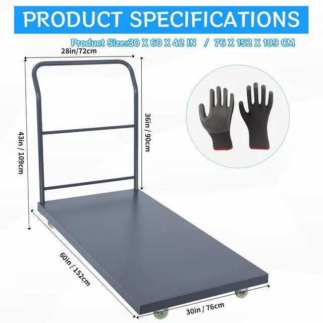 Alt view image 3 of 6 - Heavy Duty Flatbed Cart 60"x30" Platform Truck with 4 Swivel Wheels, 2000 lbs Capacity Steel Hand Truck, Industrial Utility Push Cart for Warehouse Garage and Moving