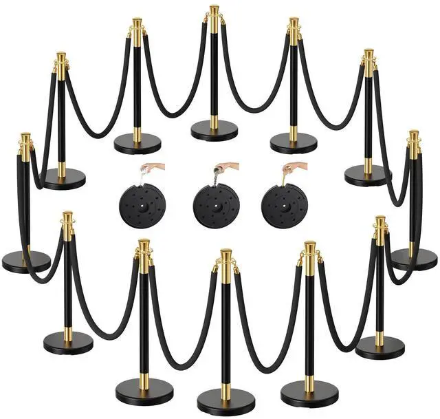 Main image of Stanchions and Velvet Ropes, 12pcs Ropes and Stainless Steel Posts | Black Velvet Ropes and Posts, with Water/Sand/Concrete Fillable Leakproof Base for Birthday, Business, Wedding, Red Carpet