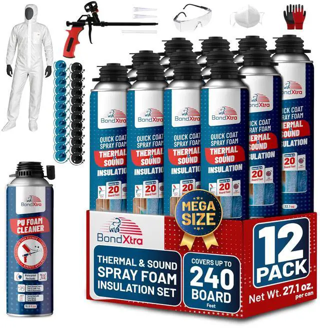 Main image of Spray Foam Insulation Kit (12 x 32.80 oz/930 gr - 240 Board feet), Self-Expanding Adhesive Foam, Closed Cell Heat Insulation & Acustic Spray with Cleaner and Dispensing Gun - 12 Pack