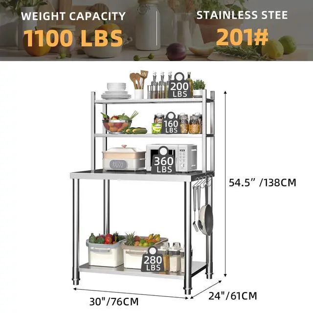 Alt view image 3 of 6 - Stainless Steel Table with Shelves,30x24 Kitchen Prep Table | Heavy Duty 1100lbs Weight Capacity Commercial Kitchen Worktable Workbench w/ Hooks for Home and Restaurant