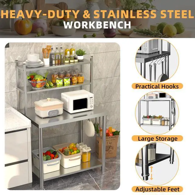 Alt view image 4 of 6 - Stainless Steel Table with Shelves,30x24 Kitchen Prep Table | Heavy Duty 1100lbs Weight Capacity Commercial Kitchen Worktable Workbench w/ Hooks for Home and Restaurant