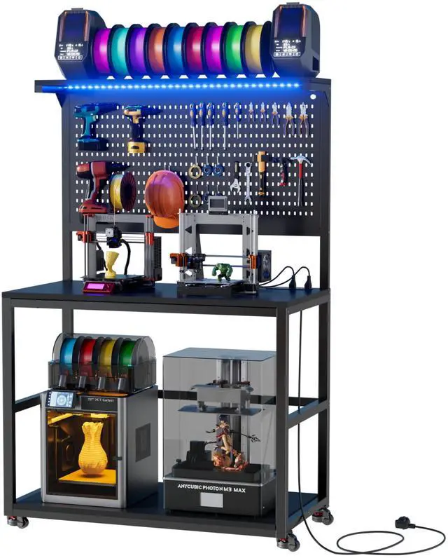 Main image of 3D Printer Stand with Filament Storage Workbench,3D Printer Table with Charging Station & LED Lights,Heavy Duty Rolling Printer Desk with Pegboard for Workshop,Office,Garage