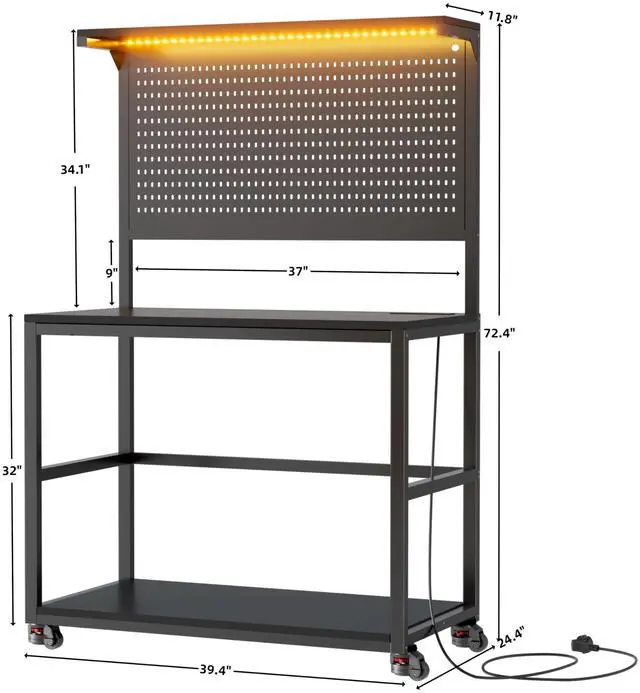 Alt view image 2 of 6 - 3D Printer Stand with Filament Storage Workbench,3D Printer Table with Charging Station & LED Lights,Heavy Duty Rolling Printer Desk with Pegboard for Workshop,Office,Garage