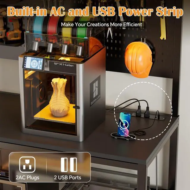 Alt view image 5 of 6 - 3D Printer Stand with Filament Storage Workbench,3D Printer Table with Charging Station & LED Lights,Heavy Duty Rolling Printer Desk with Pegboard for Workshop,Office,Garage