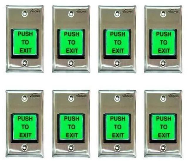 Main image of 8 Pack FPC-7494 VIS-7000 Green Square Push to Exit Button Stainless Steel for Door Access Control with LED Light, NC, COM and NO Outputs