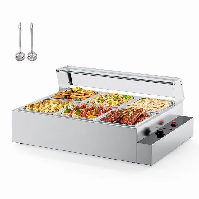 Main image of 72QT Electric Commercial Food Warmer 1700W, 6-Pan Steam Table 12QT/Pan Stainless Steel Bain Marie w/Acrylic Shield Temperature Control & Lid for Buffet Restaurant