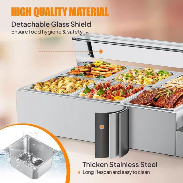 Alt view image 3 of 6 - 72QT Electric Commercial Food Warmer 1700W, 6-Pan Steam Table 12QT/Pan Stainless Steel Bain Marie w/Acrylic Shield Temperature Control & Lid for Buffet Restaurant