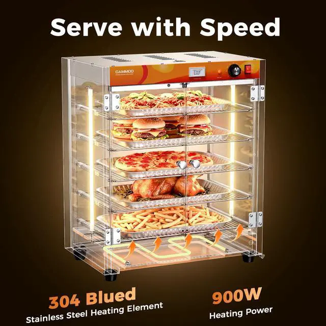 Alt view image 2 of 6 - 133Qt 5-Tier 900W Electric Food Warmer with LED Light and 304 Blued Stainless Steel Heating Element, Commercial-Graded All Stainless Steel, Adjustable Shelf, Countertop Heated Holding Cabinet