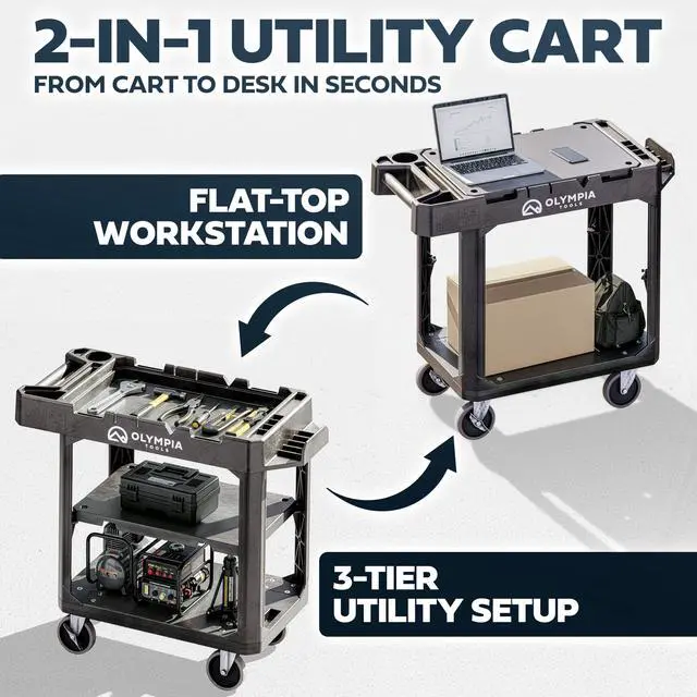 Alt view image 3 of 6 - 2-in-1 Heavy Duty Utility Work Cart, Rolling Tool Cart with Wheels, Convertible 3-Shelf to Flat Top Workstation, 660 Lb Capacity, Black