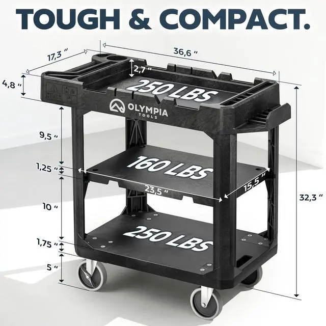 Alt view image 4 of 6 - 2-in-1 Heavy Duty Utility Work Cart, Rolling Tool Cart with Wheels, Convertible 3-Shelf to Flat Top Workstation, 660 Lb Capacity, Black