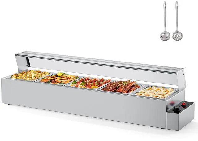 Main image of 60QT Electric Commercial Food Warmer 1700W, 5-Pan Steam Table 12QT/Pan Stainless Steel Bain Marie w/Acrylic Shield Temperature Control & Lid for Buffet Restaurant