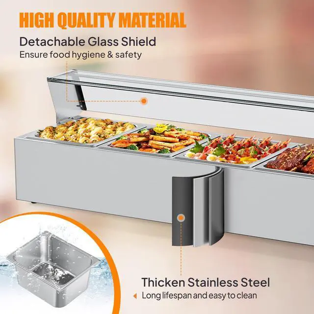 Alt view image 3 of 6 - 60QT Electric Commercial Food Warmer 1700W, 5-Pan Steam Table 12QT/Pan Stainless Steel Bain Marie w/Acrylic Shield Temperature Control & Lid for Buffet Restaurant
