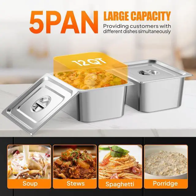 Alt view image 4 of 6 - 60QT Electric Commercial Food Warmer 1700W, 5-Pan Steam Table 12QT/Pan Stainless Steel Bain Marie w/Acrylic Shield Temperature Control & Lid for Buffet Restaurant