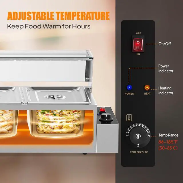 Alt view image 5 of 6 - 60QT Electric Commercial Food Warmer 1700W, 5-Pan Steam Table 12QT/Pan Stainless Steel Bain Marie w/Acrylic Shield Temperature Control & Lid for Buffet Restaurant