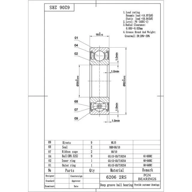 Alt view image 2 of 6 - PGN (50 Pack) 6206-2RS Bearing - Lubricated Chrome Steel Sealed Ball Bearing - 30x62x16mm Bearings with Rubber Seal & High RPM Support
