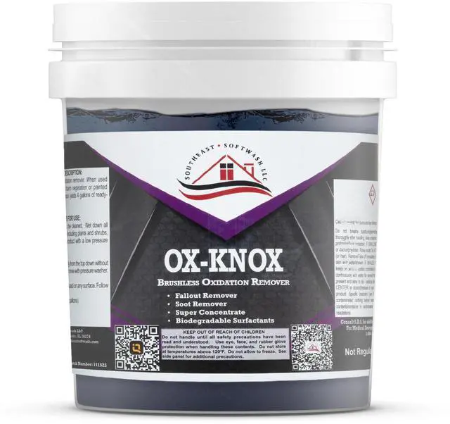 Main image of Ox Knox Oxidation Remover | Heavy-Duty Cleaner for Vinyl, Concrete & Metal | Restores Siding, Roofing & More | Vinyl Siding Restorer and Protectant (5 Gallon Drum, 1 Pack)