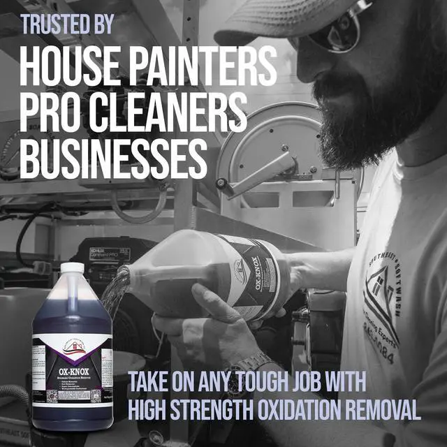 Alt view image 6 of 6 - Ox Knox Oxidation Remover | Heavy-Duty Cleaner for Vinyl, Concrete & Metal | Restores Siding, Roofing & More | Vinyl Siding Restorer and Protectant (5 Gallon Drum, 1 Pack)