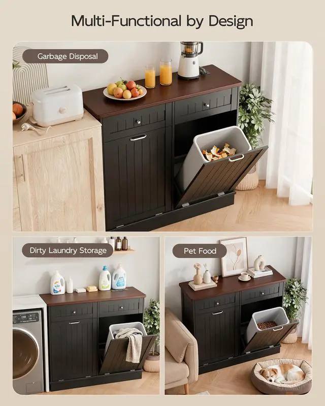Alt view image 5 of 6 - Double Tilt Out Trash Cabinet with Power Outlet & USB, Hidden Garbage Can Holder with 2 Storage Drawers, Wooden Laundry Hamper for Kitchen, Bathroom, Living Room, Black