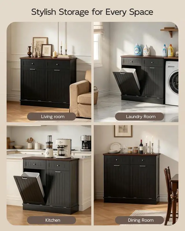 Alt view image 6 of 6 - Double Tilt Out Trash Cabinet with Power Outlet & USB, Hidden Garbage Can Holder with 2 Storage Drawers, Wooden Laundry Hamper for Kitchen, Bathroom, Living Room, Black