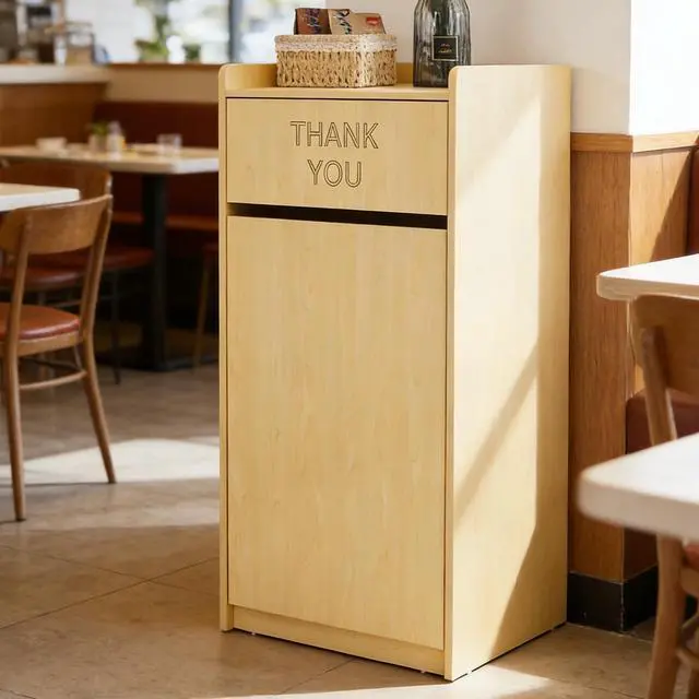 Main image of Restaurant Trash Can Cabinet, Commercial Trash Cans 40 Gallon Wooden Trash Can and Garbage Receptacle with Tray Holder, Door, Large Trash Bin for Restaurants, Cafeteria, Kitchen, Office, School, Oak