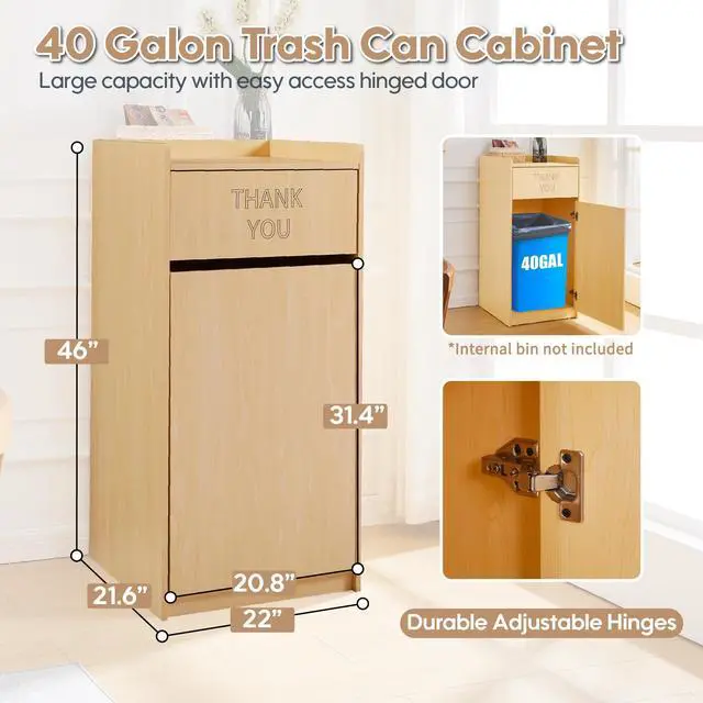 Alt view image 2 of 6 - Restaurant Trash Can Cabinet, Commercial Trash Cans 40 Gallon Wooden Trash Can and Garbage Receptacle with Tray Holder, Door, Large Trash Bin for Restaurants, Cafeteria, Kitchen, Office, School, Oak