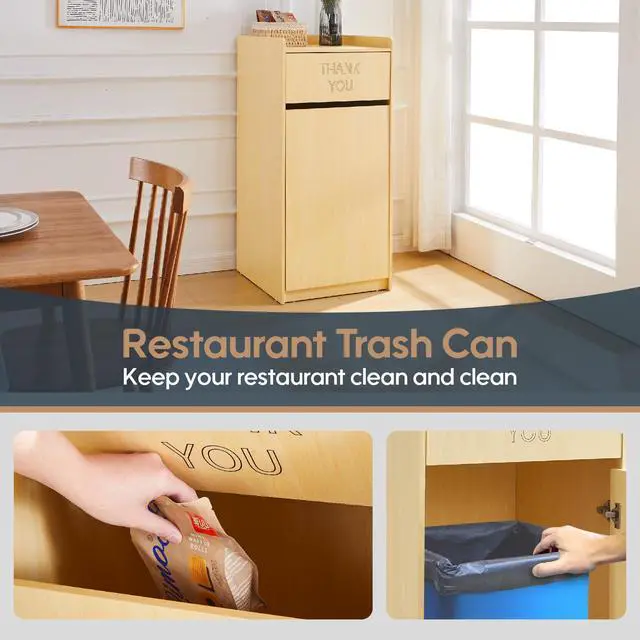 Alt view image 3 of 6 - Restaurant Trash Can Cabinet, Commercial Trash Cans 40 Gallon Wooden Trash Can and Garbage Receptacle with Tray Holder, Door, Large Trash Bin for Restaurants, Cafeteria, Kitchen, Office, School, Oak