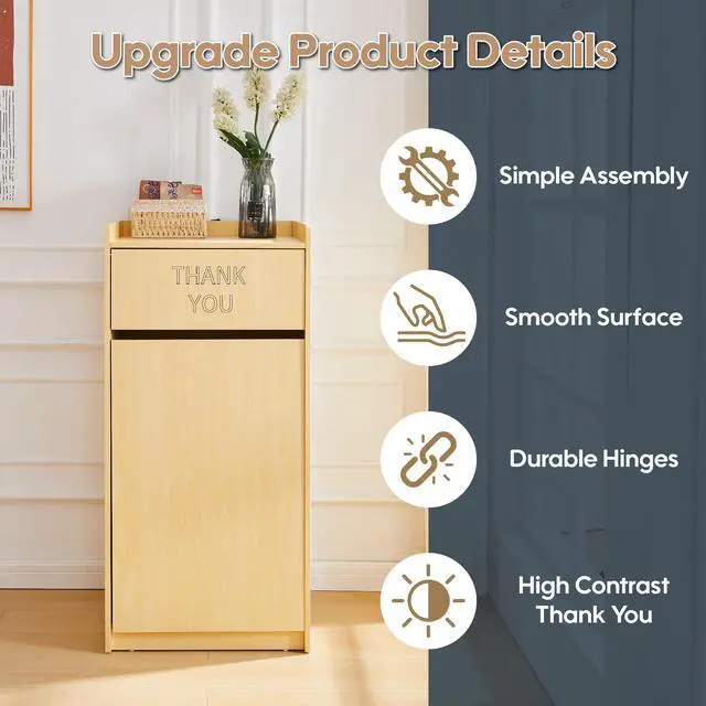 Alt view image 5 of 6 - Restaurant Trash Can Cabinet, Commercial Trash Cans 40 Gallon Wooden Trash Can and Garbage Receptacle with Tray Holder, Door, Large Trash Bin for Restaurants, Cafeteria, Kitchen, Office, School, Oak
