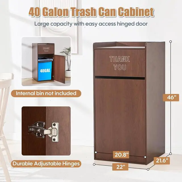 Alt view image 6 of 6 - Restaurant Trash Can Cabinet, Commercial Trash Cans 40 Gallon Wooden Trash Can and Garbage Receptacle with Tray Holder, Door, Large Trash Bin for Restaurants, Cafeteria, Kitchen, School, Mahogany