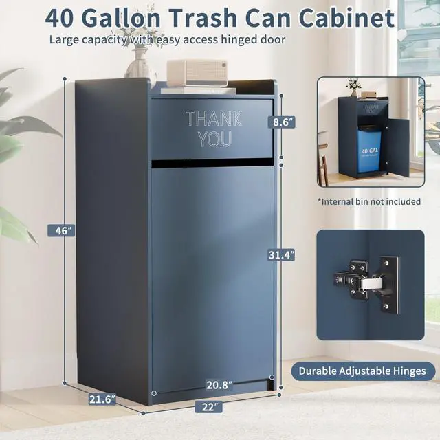 Alt view image 2 of 6 - Restaurant Trash Can Cabinet, Commercial Trash Cans 40 Gallon Wooden Trash Can and Garbage Receptacle with Tray Holder, Door, Large Trash Bin for Restaurants, Cafeteria, Kitchen, Office, School, Blue