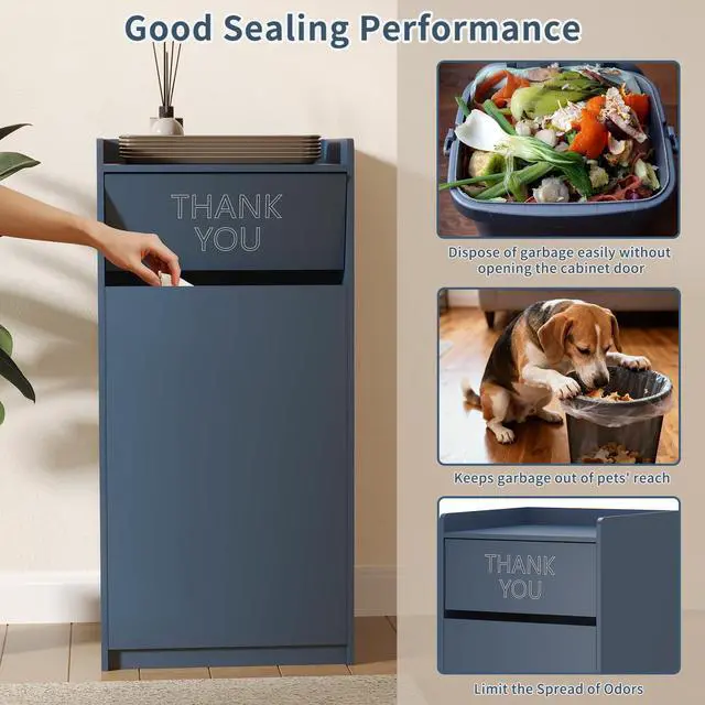 Alt view image 3 of 6 - Restaurant Trash Can Cabinet, Commercial Trash Cans 40 Gallon Wooden Trash Can and Garbage Receptacle with Tray Holder, Door, Large Trash Bin for Restaurants, Cafeteria, Kitchen, Office, School, Blue