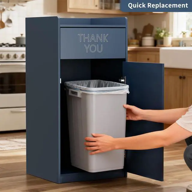 Alt view image 5 of 6 - Restaurant Trash Can Cabinet, Commercial Trash Cans 40 Gallon Wooden Trash Can and Garbage Receptacle with Tray Holder, Door, Large Trash Bin for Restaurants, Cafeteria, Kitchen, Office, School, Blue