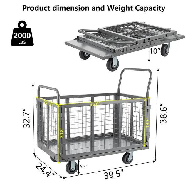 Alt view image 2 of 6 - Platform Truck Cart with Cage, 5 in 1 Heavy Duty Platform Carts with Cage 2000 LBS Capacity Foldable Push Cart Dolly with 5" Casters for Groceries/Garage/Warehouse