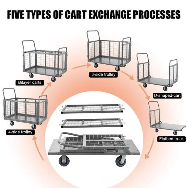 Alt view image 3 of 6 - Platform Truck Cart with Cage, 5 in 1 Heavy Duty Platform Carts with Cage 2000 LBS Capacity Foldable Push Cart Dolly with 5" Casters for Groceries/Garage/Warehouse