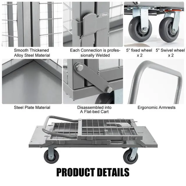 Alt view image 4 of 6 - Platform Truck Cart with Cage, 5 in 1 Heavy Duty Platform Carts with Cage 2000 LBS Capacity Foldable Push Cart Dolly with 5" Casters for Groceries/Garage/Warehouse