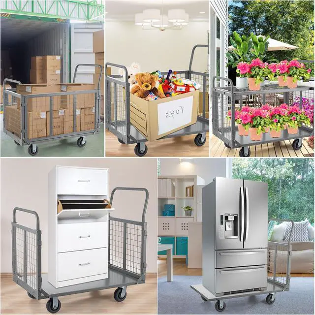 Alt view image 6 of 6 - Platform Truck Cart with Cage, 5 in 1 Heavy Duty Platform Carts with Cage 2000 LBS Capacity Foldable Push Cart Dolly with 5" Casters for Groceries/Garage/Warehouse