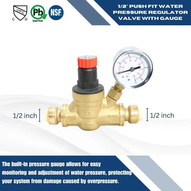 Alt view image 4 of 5 - 10 Pcs 1/2 Inch Push Fit Water Pressure Regulator Valve with Gauge, 3-4-2=10XX