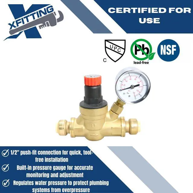 Alt view image 5 of 5 - 10 Pcs 1/2 Inch Push Fit Water Pressure Regulator Valve with Gauge, 3-4-2=10XX