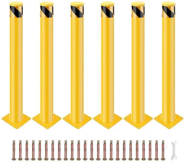 Main image of Safety Bollard, 6 Packs 42 Inch Height Bollard Post, 4.5 Inch Diameter, Yellow Safety Steel Bollard Post, with 24 Anchor Bolts, for Traffic Control, Driveway Barrier, Parking Pole