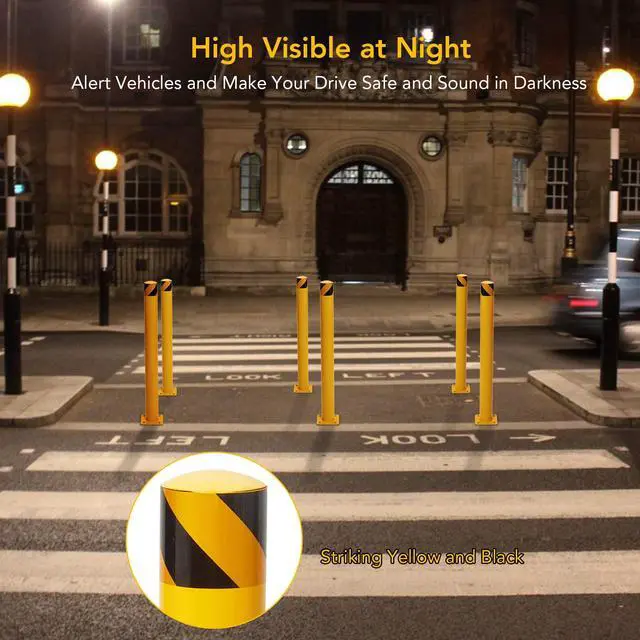Alt view image 4 of 6 - Safety Bollard, 6 Packs 42 Inch Height Bollard Post, 4.5 Inch Diameter, Yellow Safety Steel Bollard Post, with 24 Anchor Bolts, for Traffic Control, Driveway Barrier, Parking Pole