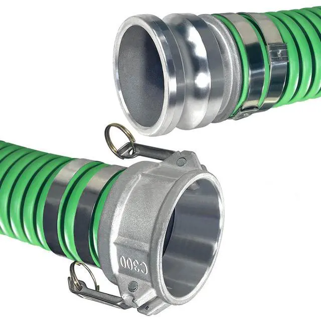 Alt view image 3 of 6 - Heavy Duty EPDM All Weather Suction Hose Assembly, Black Tube, Lime Green Helix, 3" Inside Diameter Hose with Male x Female Cam and Groove Fittings Installed, 20 ft Length