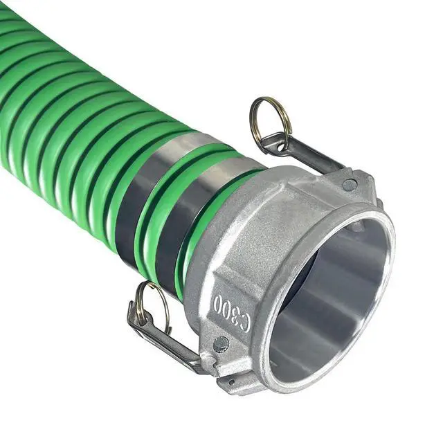Alt view image 4 of 6 - Heavy Duty EPDM All Weather Suction Hose Assembly, Black Tube, Lime Green Helix, 3" Inside Diameter Hose with Male x Female Cam and Groove Fittings Installed, 20 ft Length
