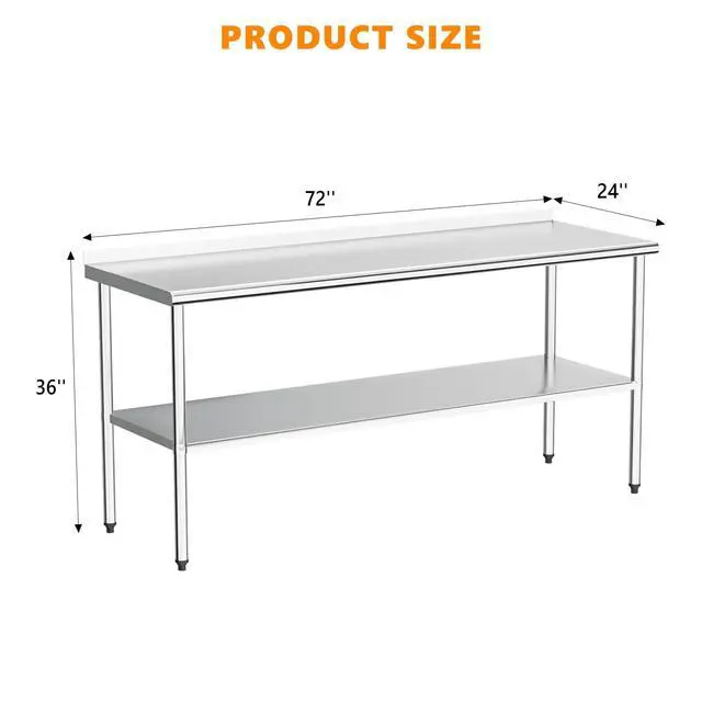 Alt view image 2 of 6 - 72'' x 24'' Stainless Steel Table for Prep & Work,Commercial Worktables & Workstations,Heavy Dut Metal Table with Adjustable UnderShelf & Backsplash for Kitchen, Restaurant,Home,Hotel