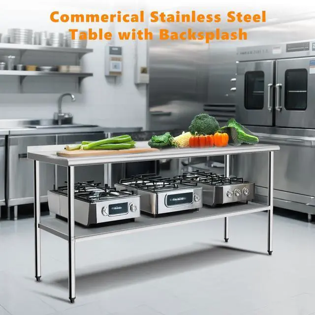 Alt view image 3 of 6 - 72'' x 24'' Stainless Steel Table for Prep & Work,Commercial Worktables & Workstations,Heavy Dut Metal Table with Adjustable UnderShelf & Backsplash for Kitchen, Restaurant,Home,Hotel