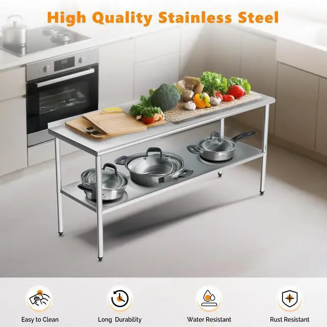 Alt view image 4 of 6 - 72'' x 24'' Stainless Steel Table for Prep & Work,Commercial Worktables & Workstations,Heavy Dut Metal Table with Adjustable UnderShelf & Backsplash for Kitchen, Restaurant,Home,Hotel