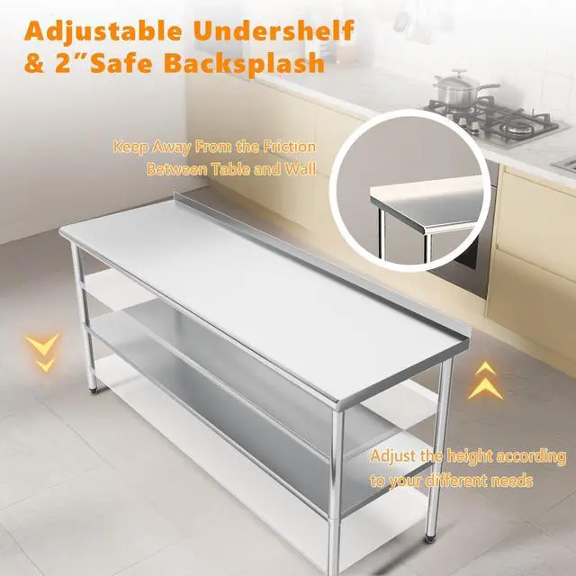 Alt view image 6 of 6 - 72'' x 24'' Stainless Steel Table for Prep & Work,Commercial Worktables & Workstations,Heavy Dut Metal Table with Adjustable UnderShelf & Backsplash for Kitchen, Restaurant,Home,Hotel
