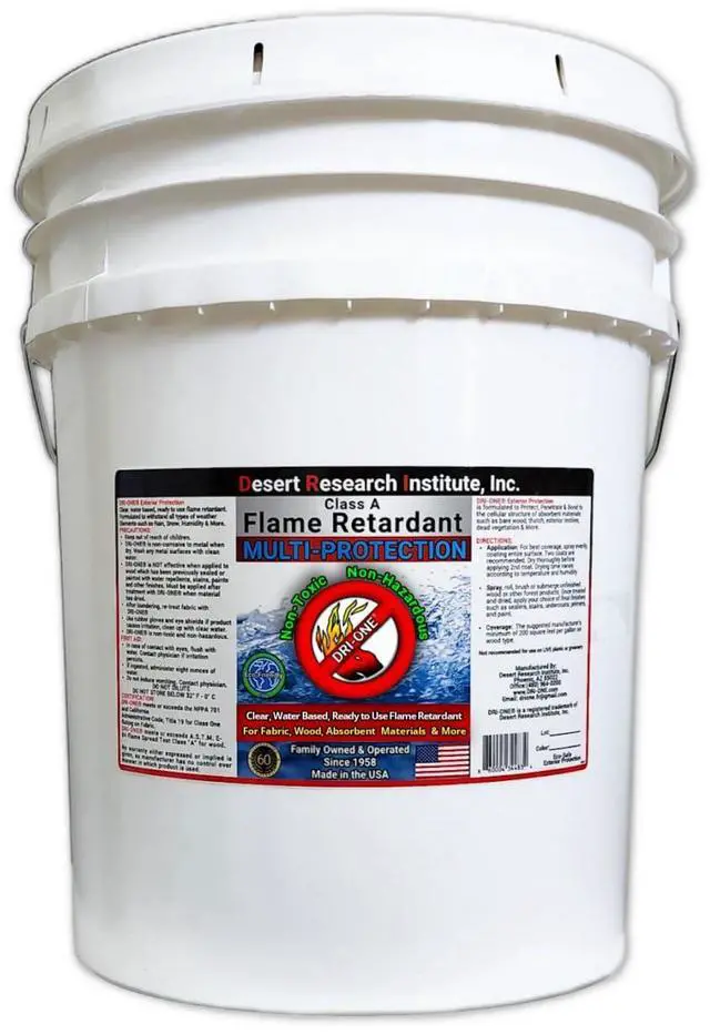 Main image of Fire Retardant Spray Liquid Solution for Natural Textiles, Raw Wood, Absorbent Materials & More - Class A Flame Retardant -Eco Safe - NFPA 701- ASTM E84-5 Gallon pail of DRI-ONE®