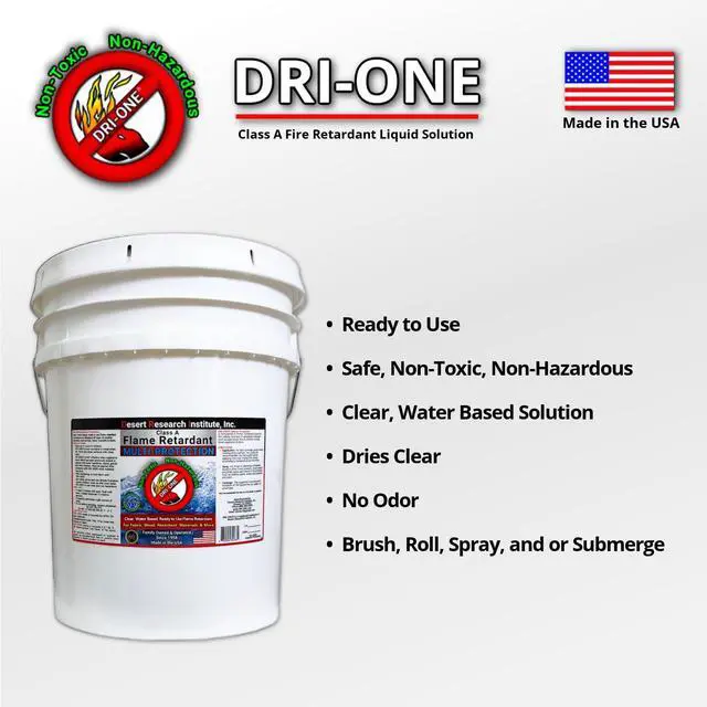 Alt view image 2 of 6 - Fire Retardant Spray Liquid Solution for Natural Textiles, Raw Wood, Absorbent Materials & More - Class A Flame Retardant -Eco Safe - NFPA 701- ASTM E84-5 Gallon pail of DRI-ONE®