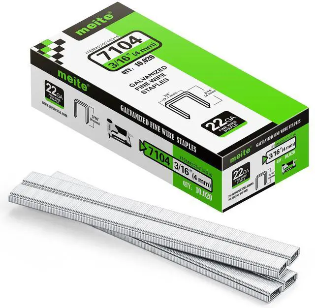 Main image of 71/04 22 Gauge 71 Series 3/8-Inch (9.1 mm) Crown 3/16-Inch (4 mm) Leg Length Galvanized Upholstery Staples for MT7105 Stapler, 10,020 Counts/Box (1 Case - 20 Boxes)
